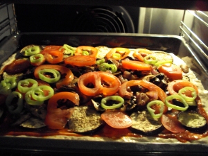 My square vegan pizza in the oven